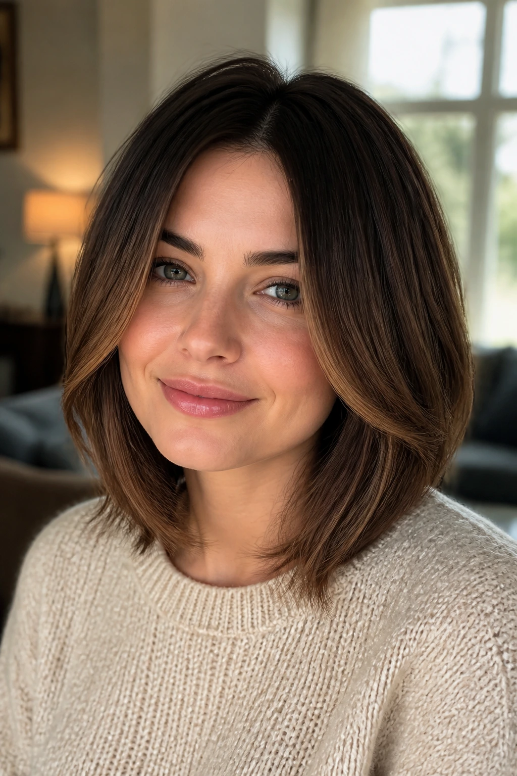 Close-up portrait of a woman with face-framing layers and soft ends