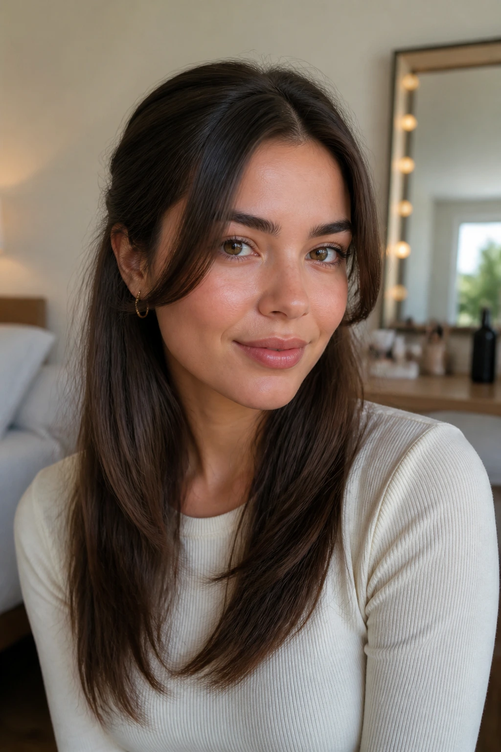 Close-up of a real woman with face-framing layers tucked behind ears