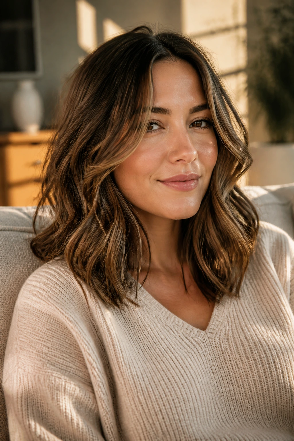 Real woman with face-framing layers and soft loose waves