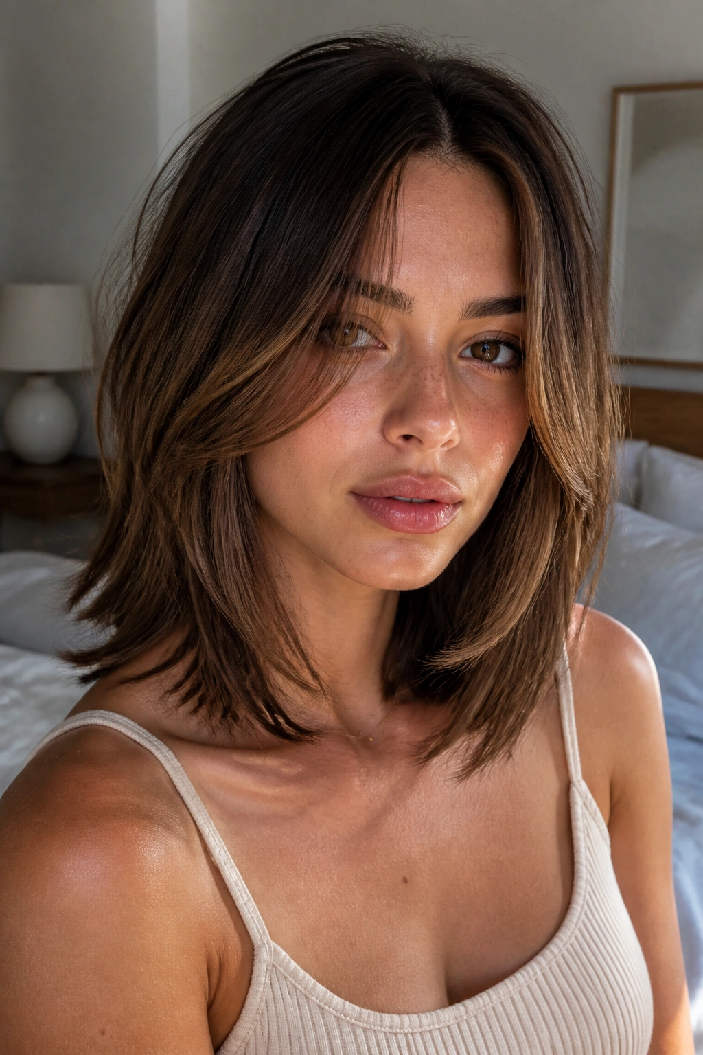 Real woman with a face-framing lob and cheekbone layers