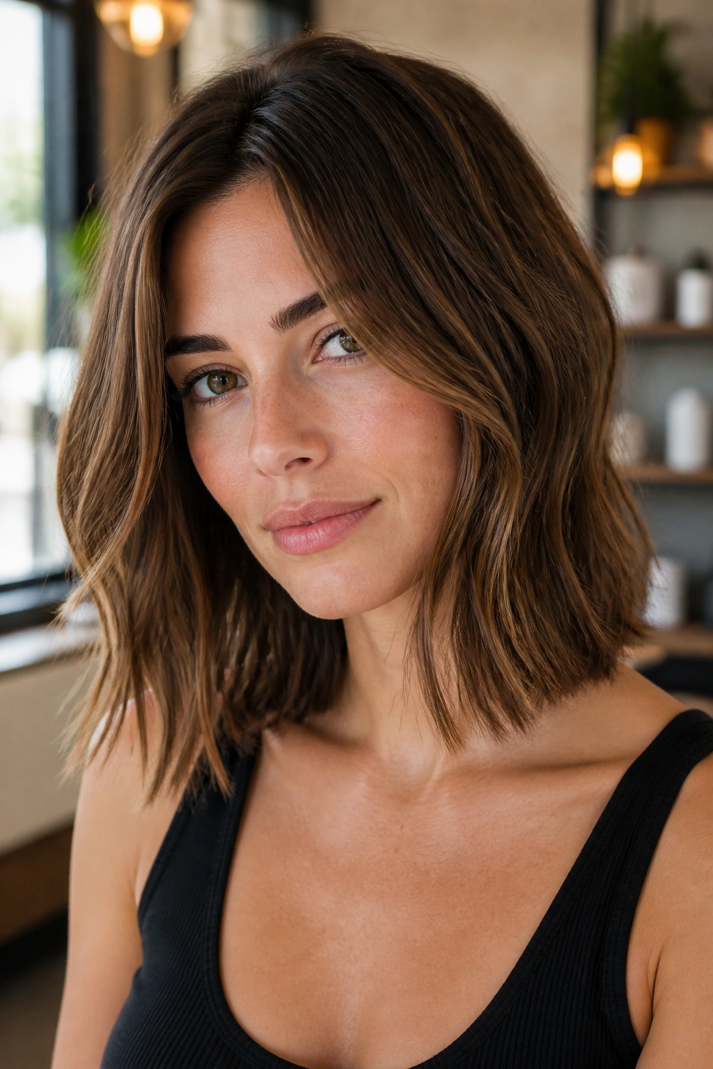 Portrait of a real woman with a face-framing lob and cheekbone-length pieces.