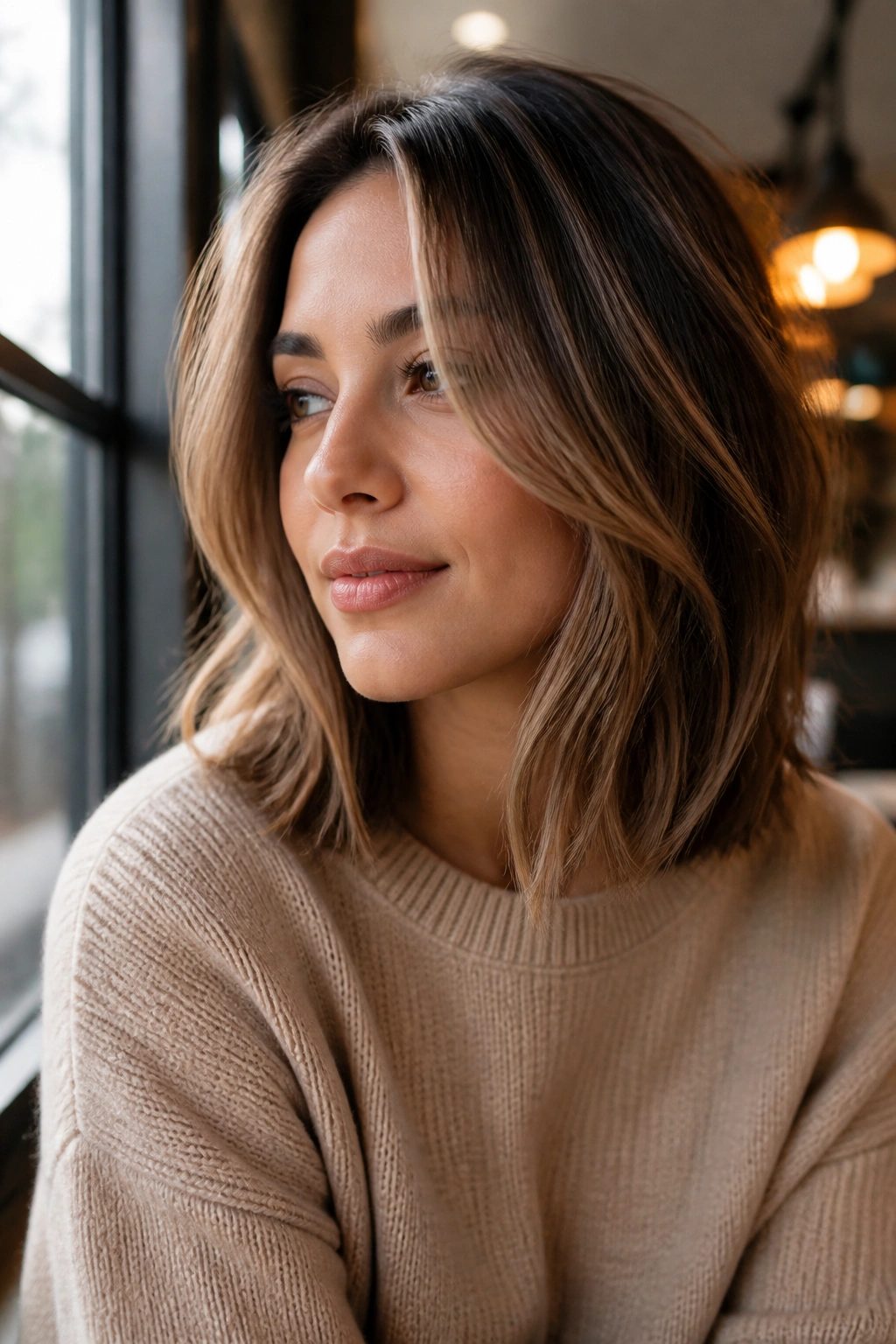 Portrait of a woman with a face-framing lob highlighting cheekbone-framing front pieces