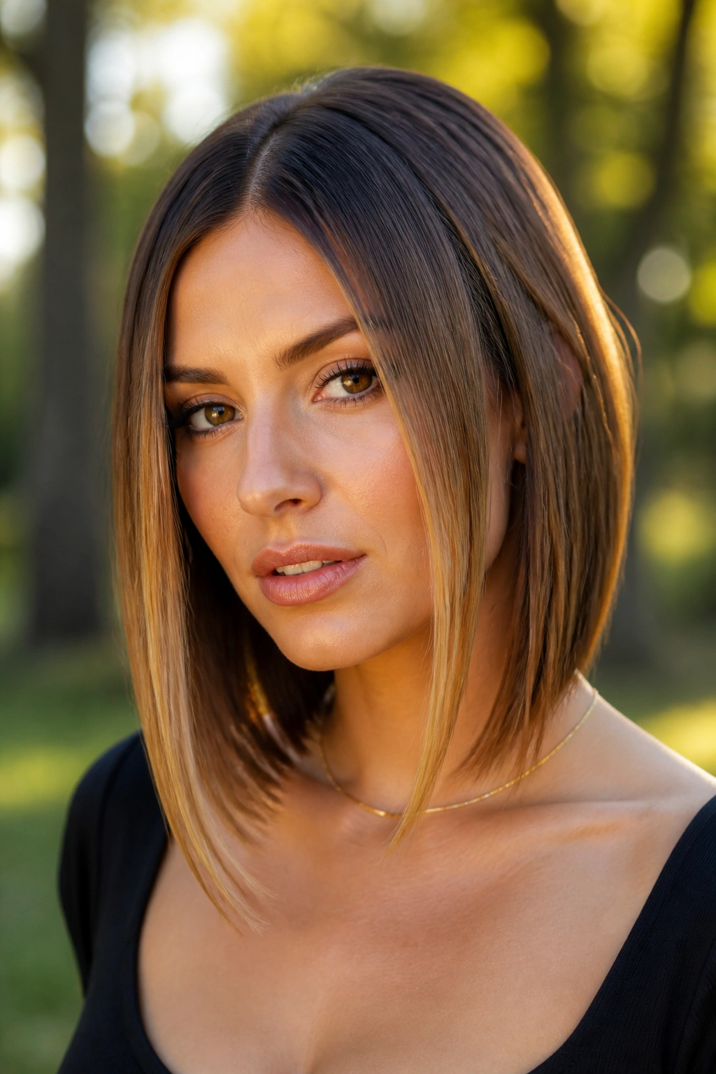 Real woman wearing face-framing lob with long front pieces, front pieces start near cheekbone.