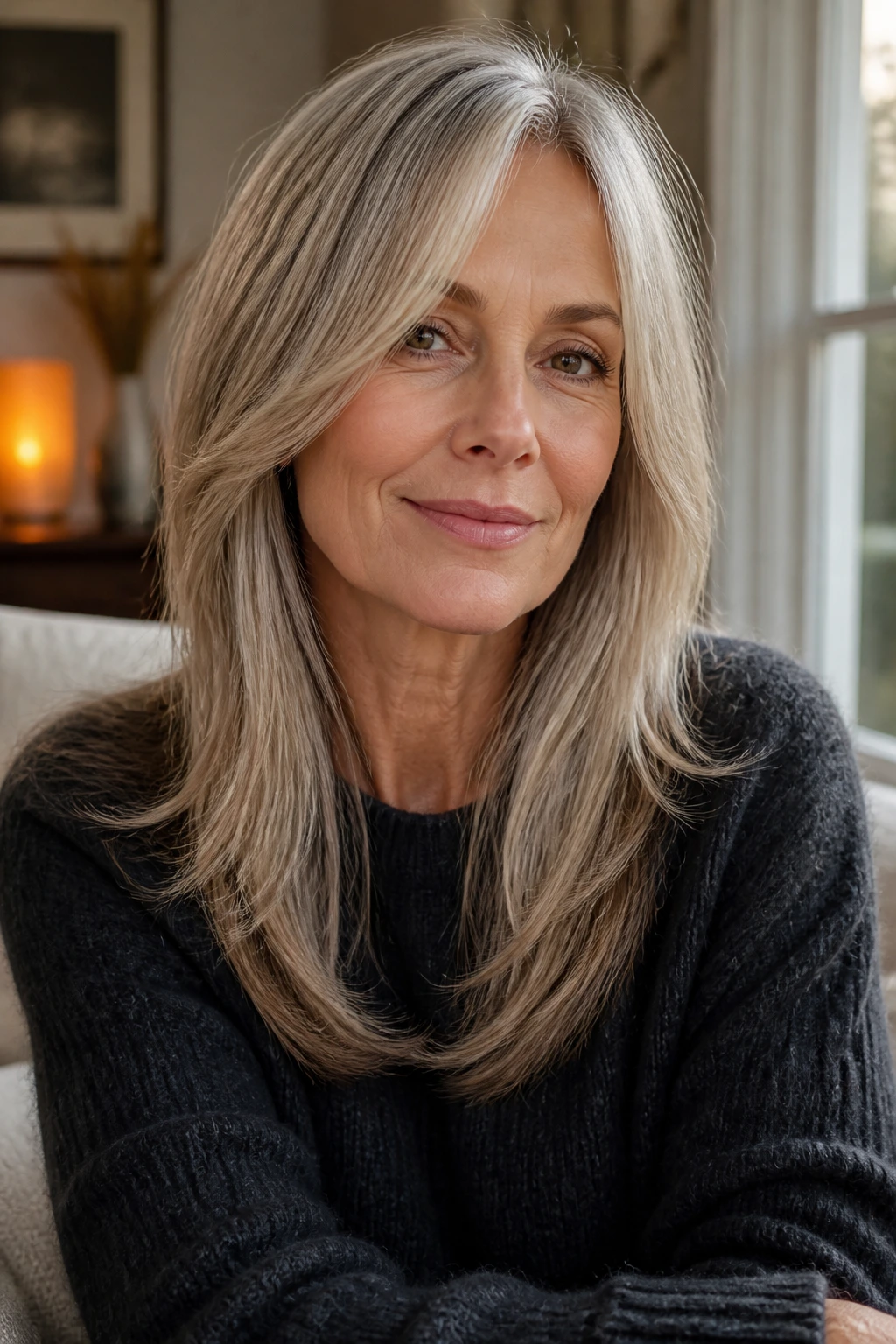 Real woman over 40 with face-framing long cut and internal layers