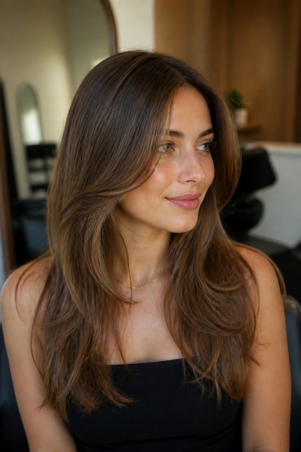 Portrait of a woman with face-framing long hair in a softly lit salon