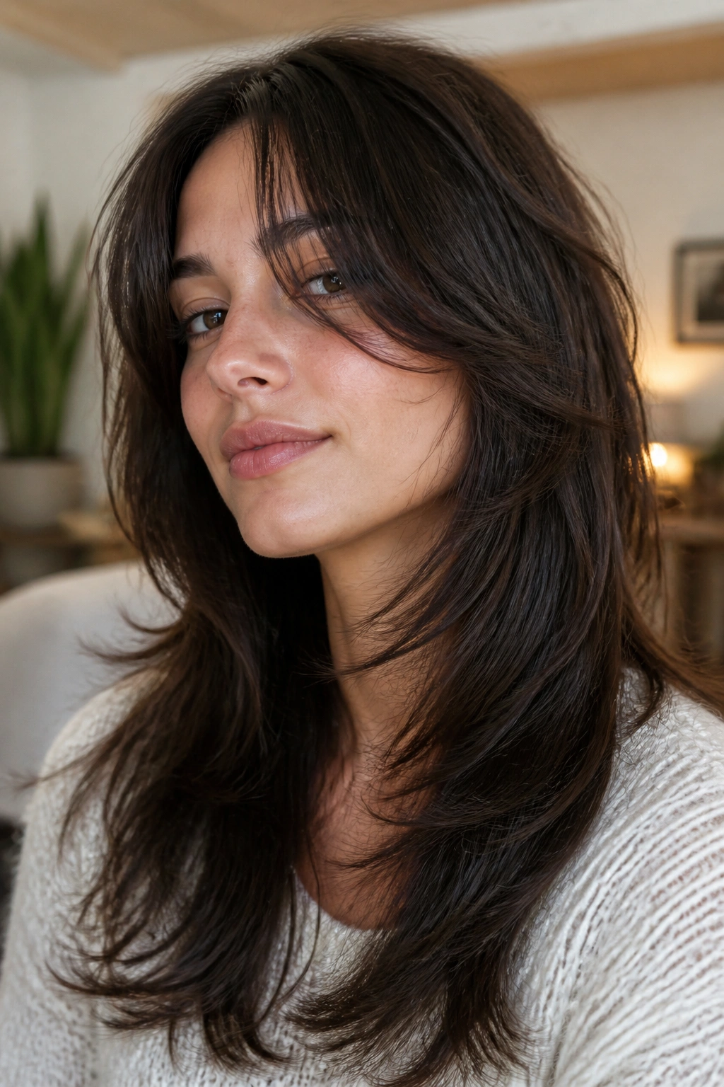 Real woman with face-framing long shag hairstyle close-up