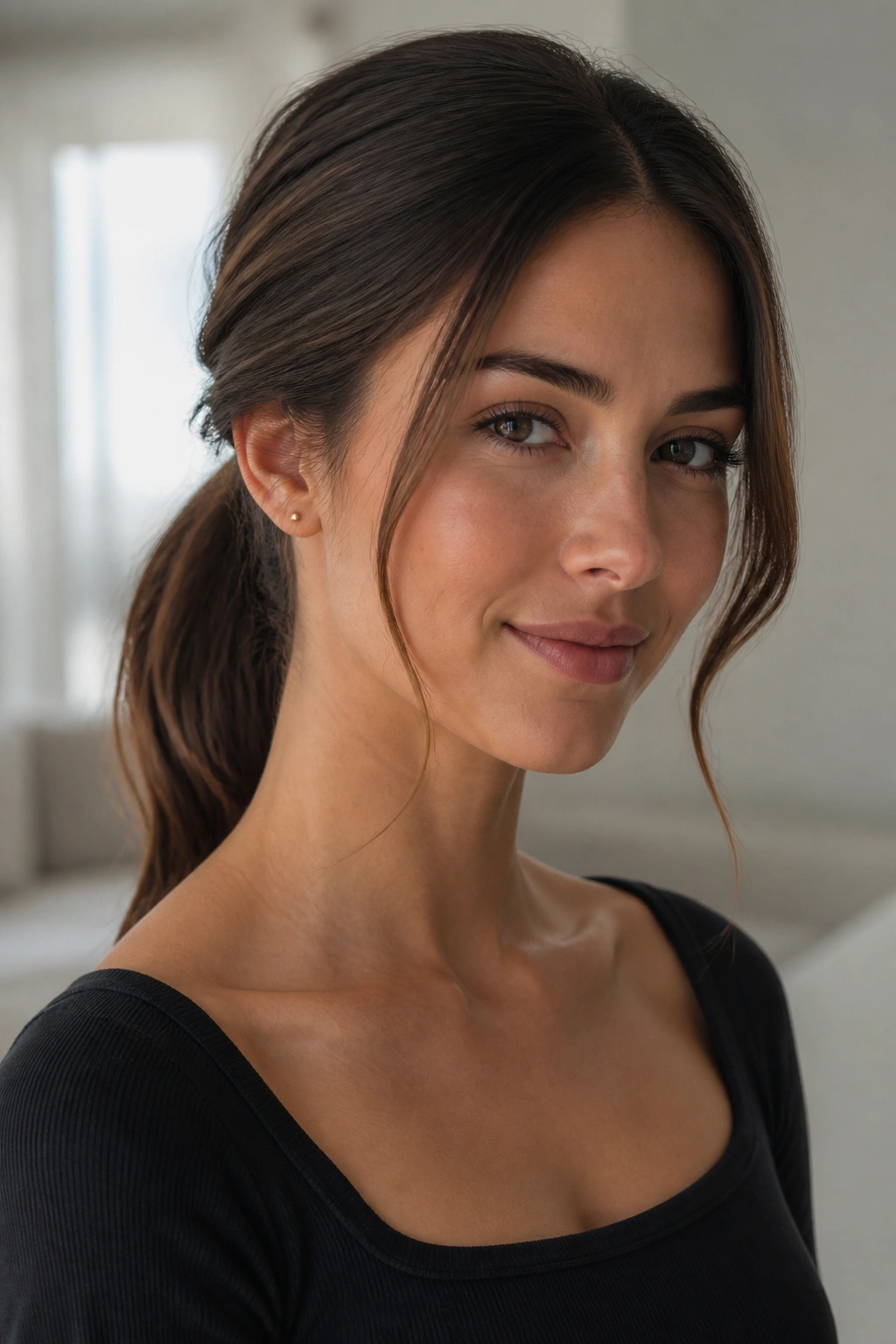 Portrait of a woman with a face-framing low ponytail