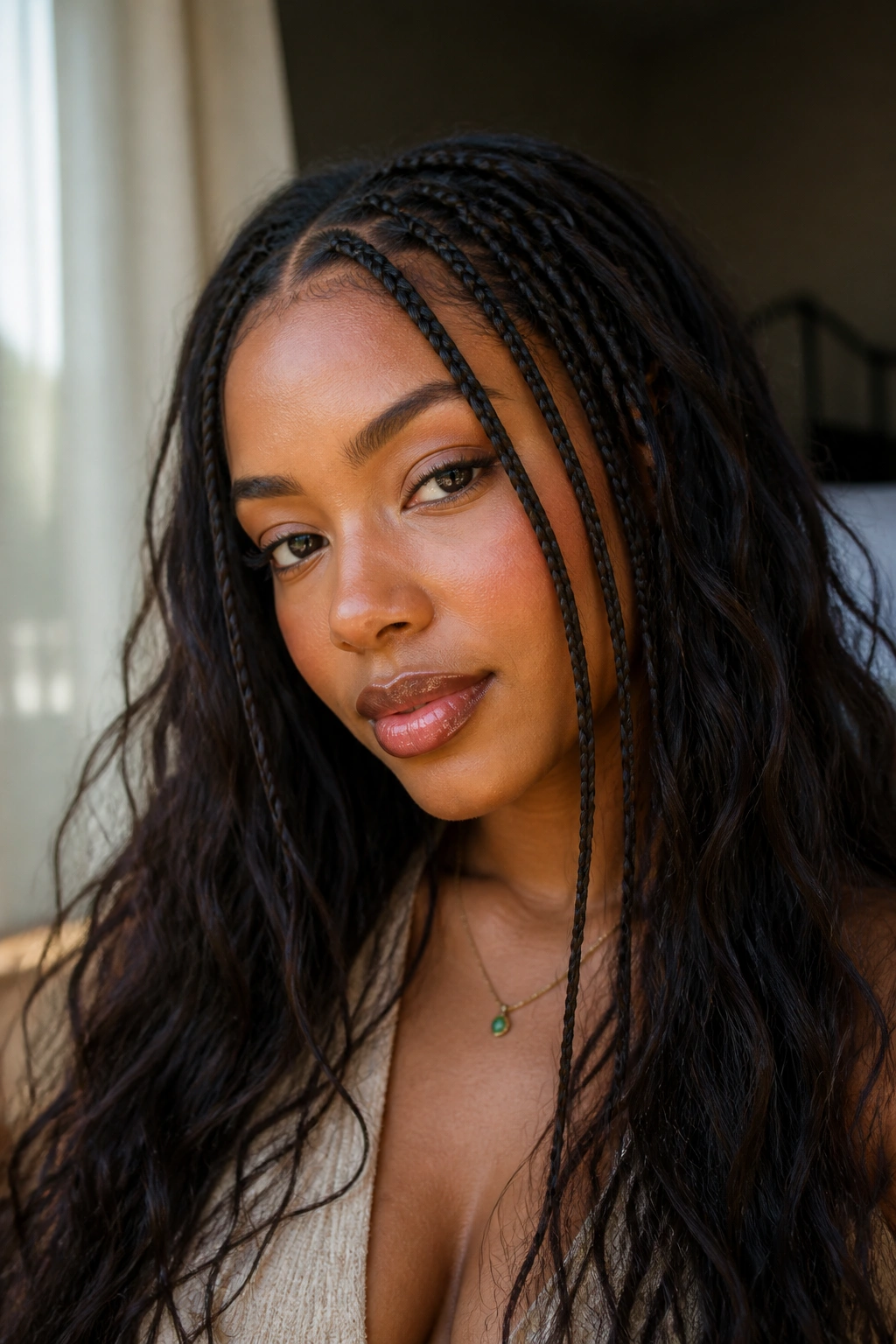 Close-up of a real woman with face-framing micro braids.