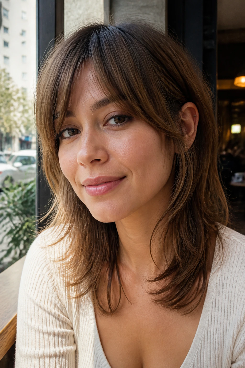 Close-up portrait of a real woman with a face-framing mid-length shag