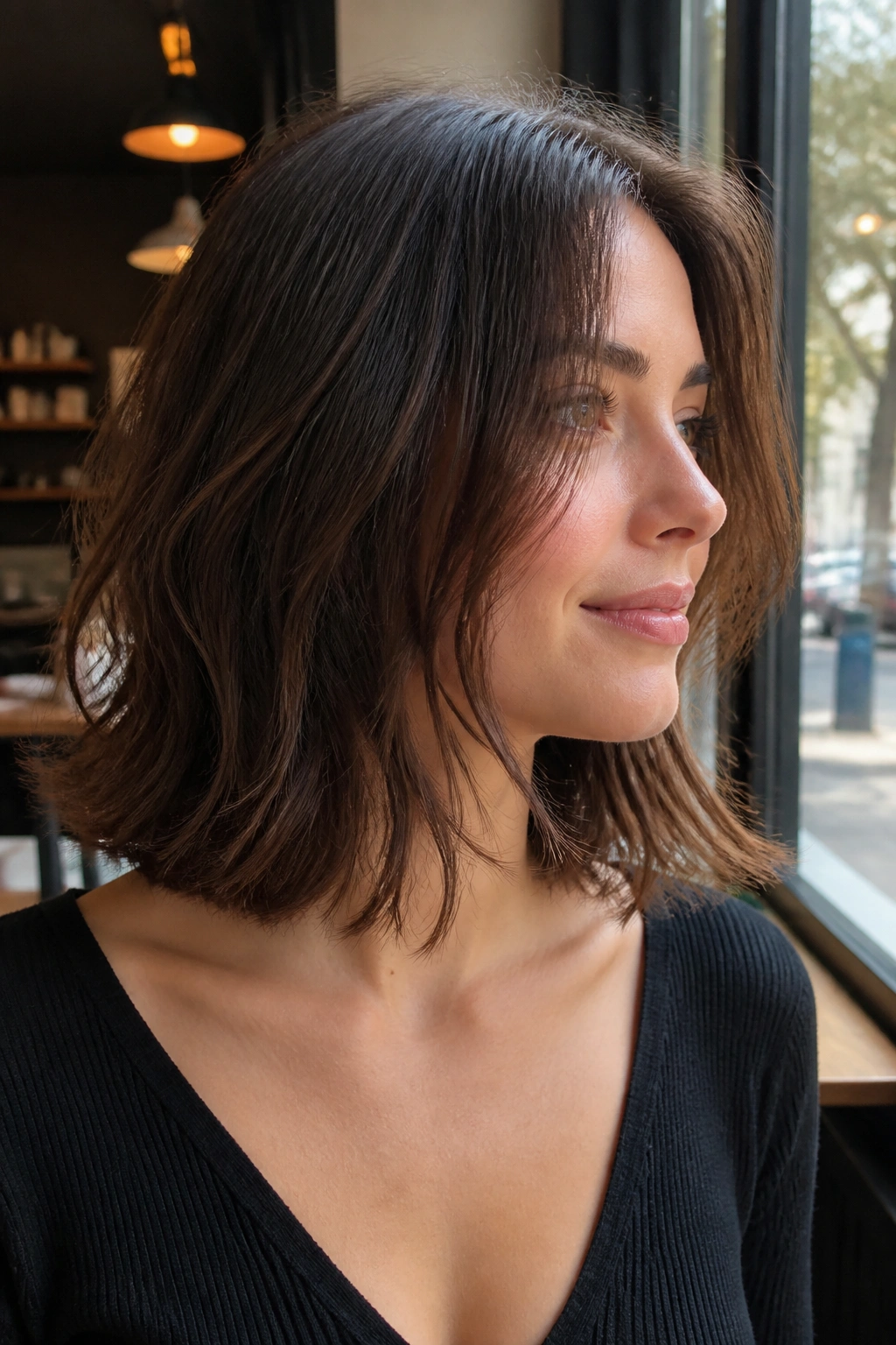 Real person with face-framing midi cut highlighting framing around the face