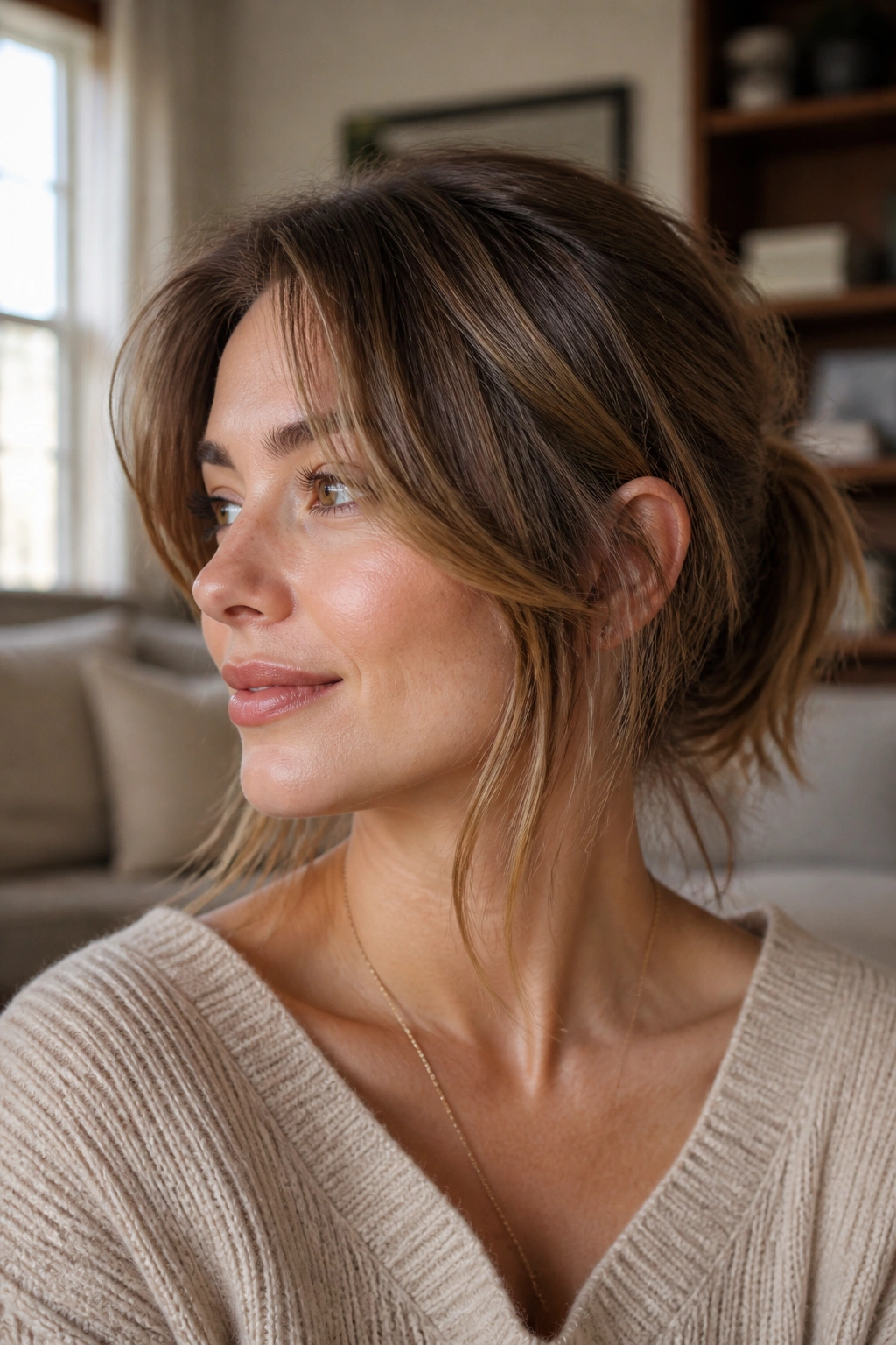 Close-up portrait of a real woman with face-framing midi shag and tie-back ponytail