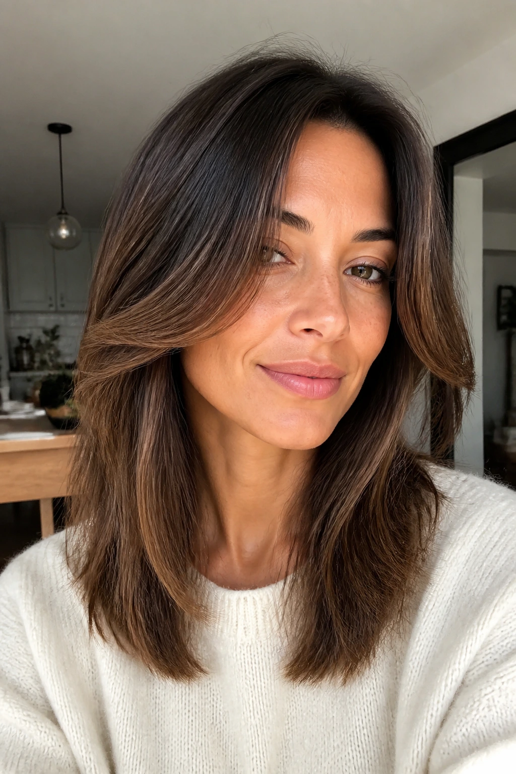 Close-up portrait of a real woman with face-framing midlength layers