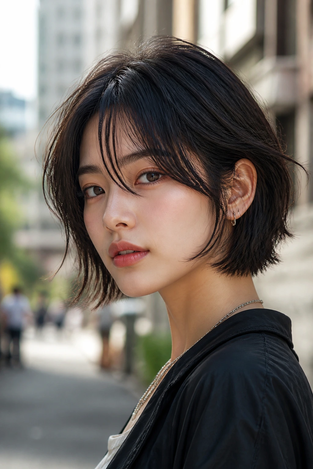 Close-up of real woman with face-framing mini wolf bob