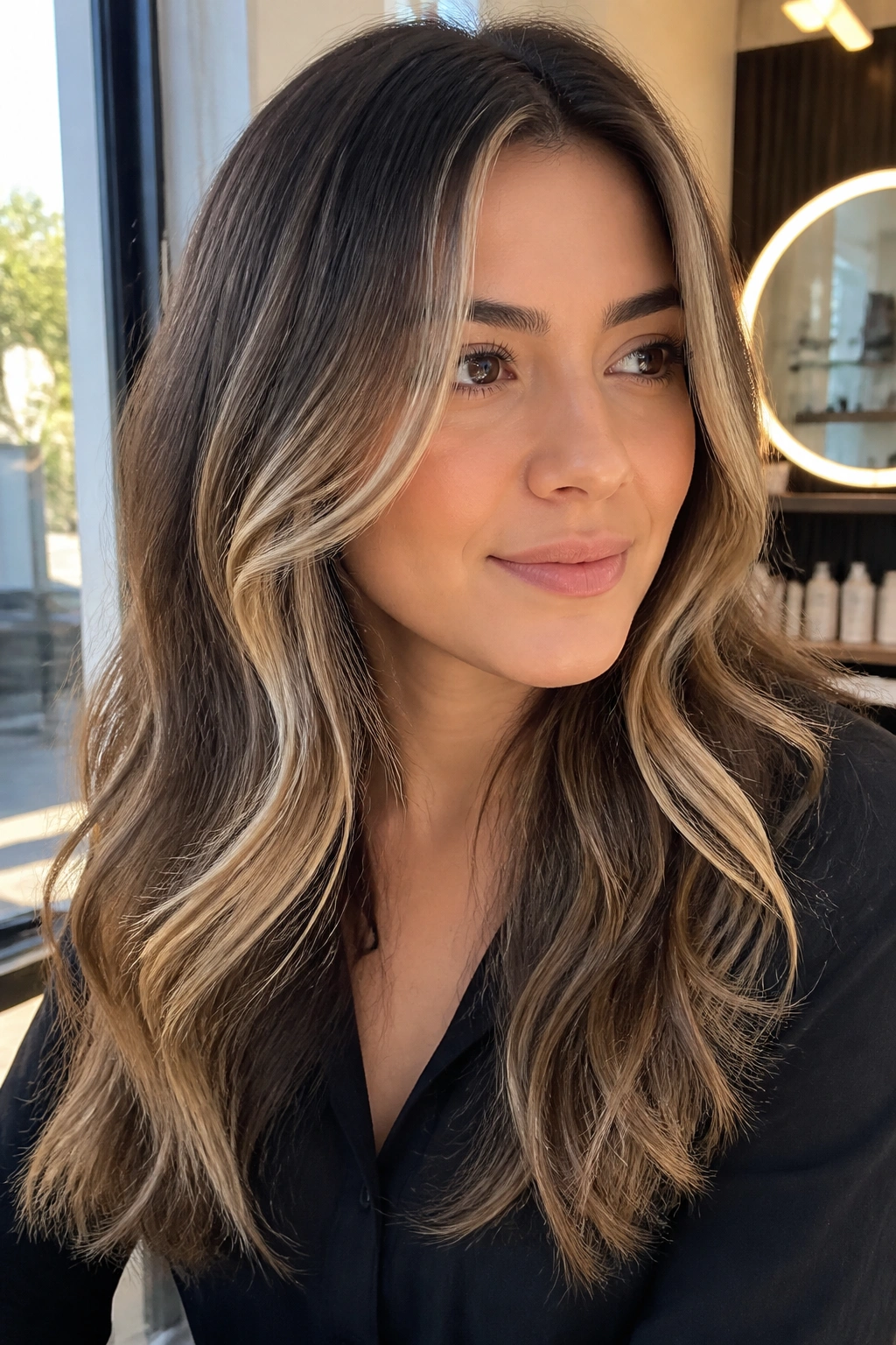 Close-up of a real person with a subtle face-framing money piece balayage