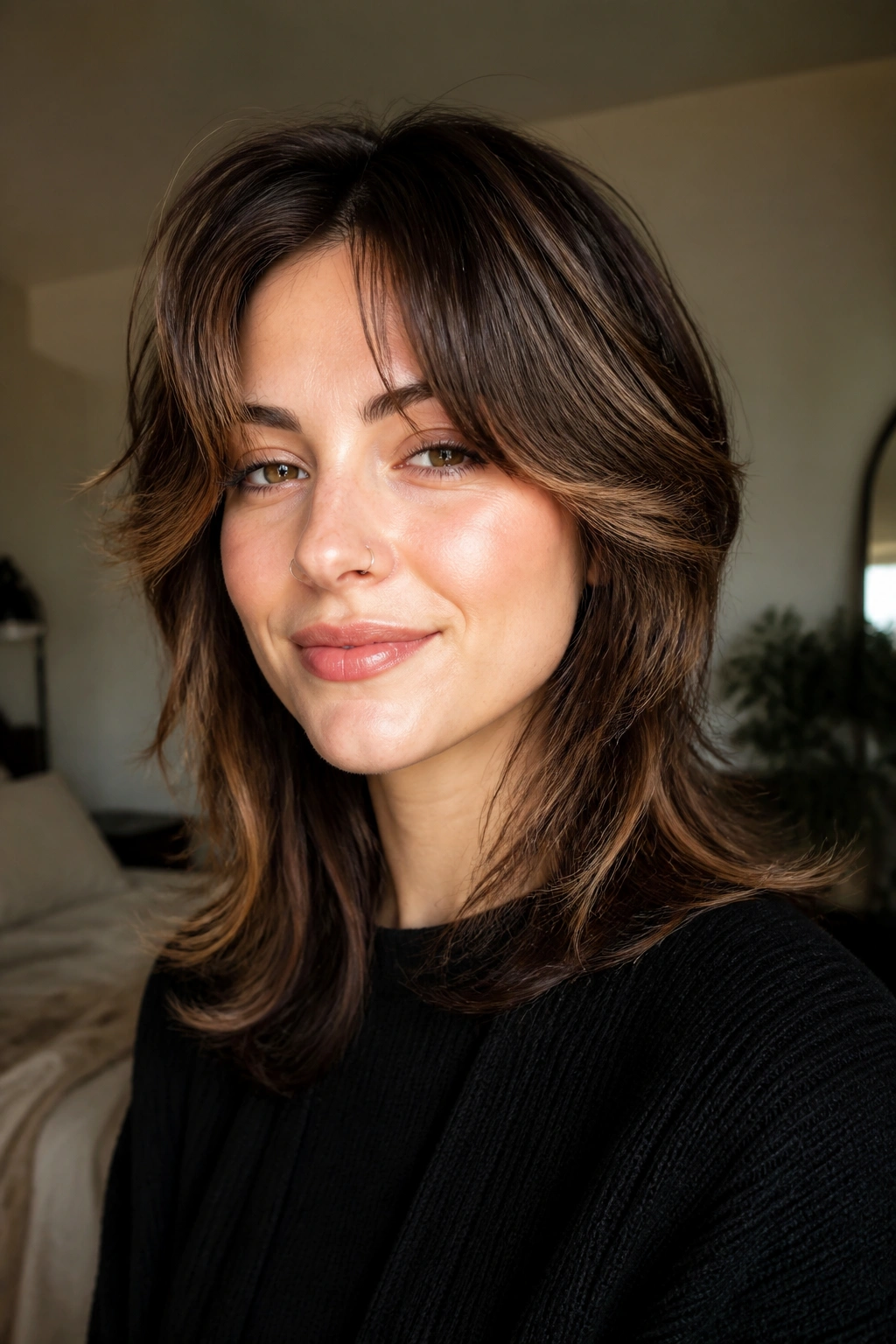 Close-up portrait of a woman with a face-framing mullet shag for round and heart faces in warm natural light