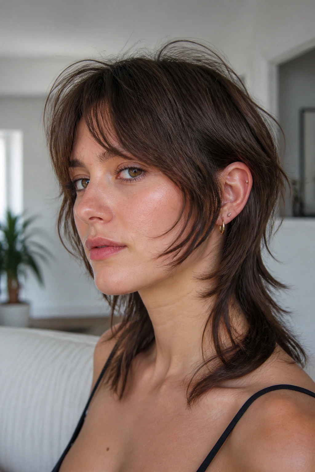 Close-up of a woman with a face-framing feminine mullet.