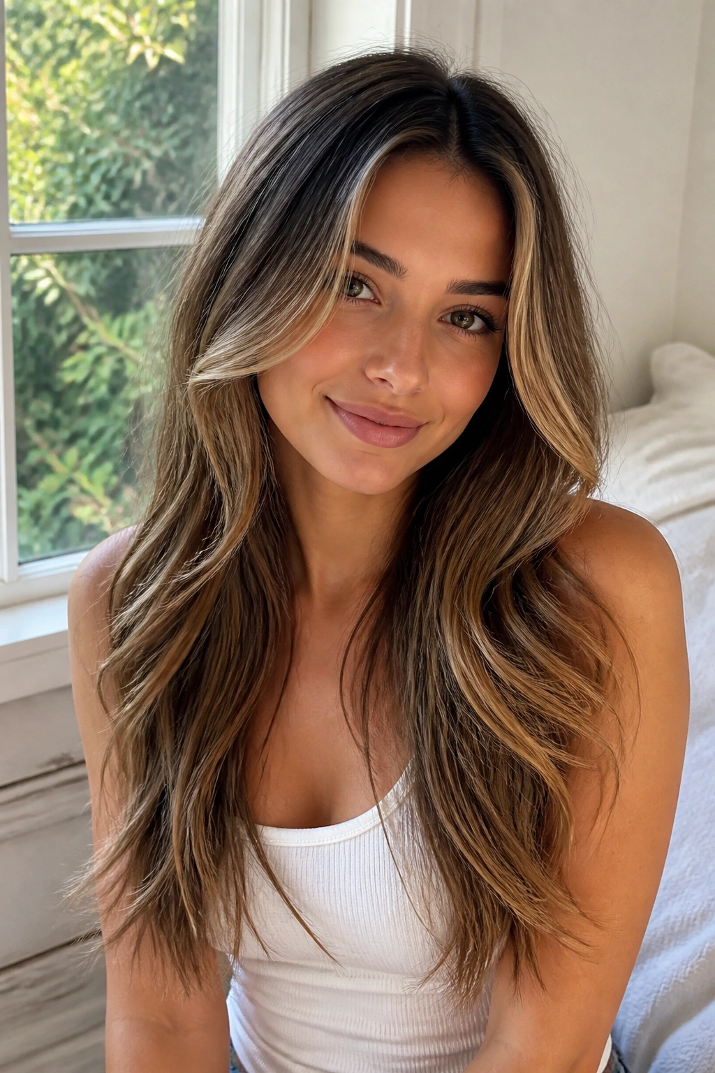 Real woman with long layers and face-framing ombre hair in natural daylight
