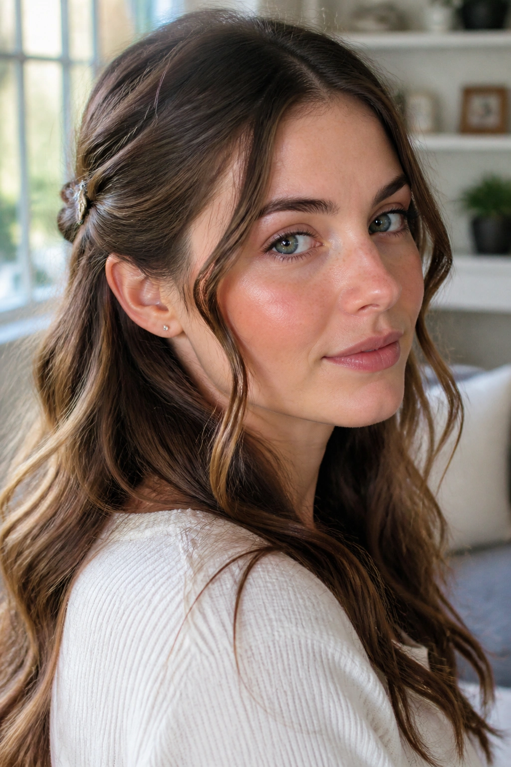 Close-up of face-framing pins and tucked sides on a real woman with waves