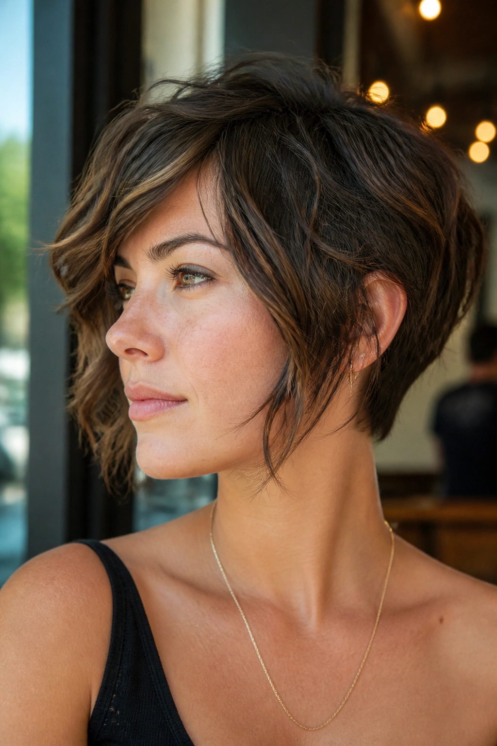 Real woman with face-framing pixie long front pieces in cafe daylight