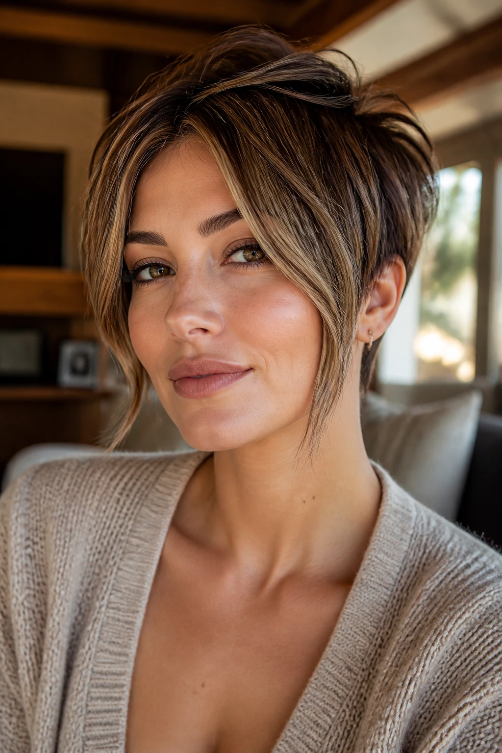 Close-up portrait of a real woman with sliced front pieces face-framing pixie