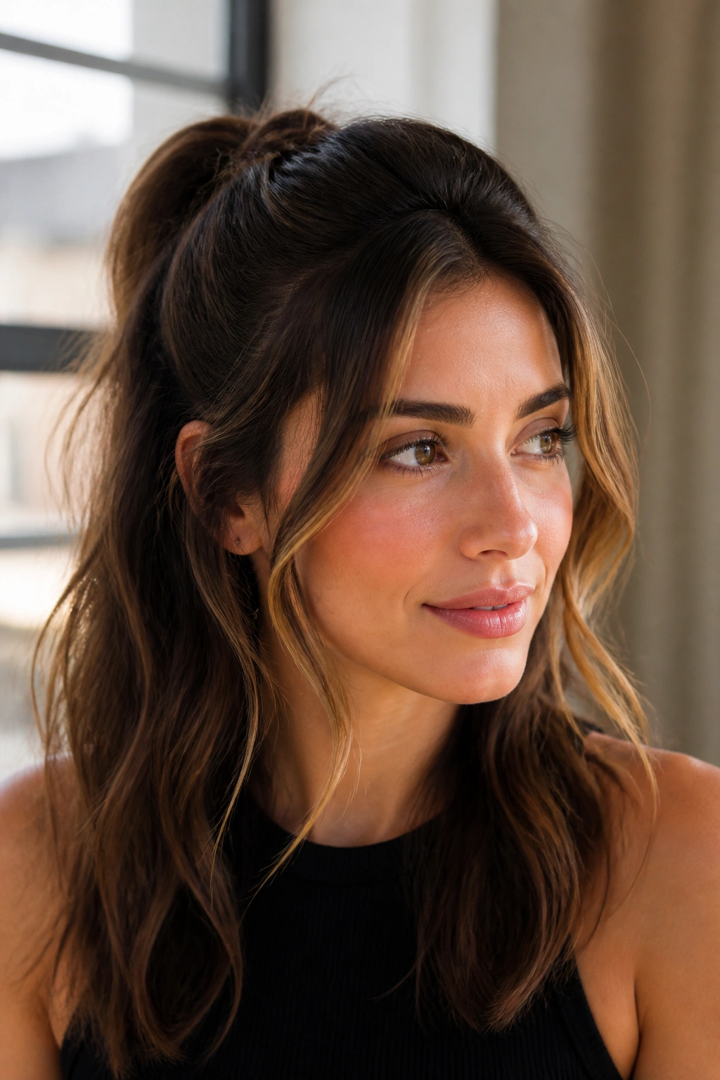 Close-up portrait of a real woman with a face-framing half-up ponytail.