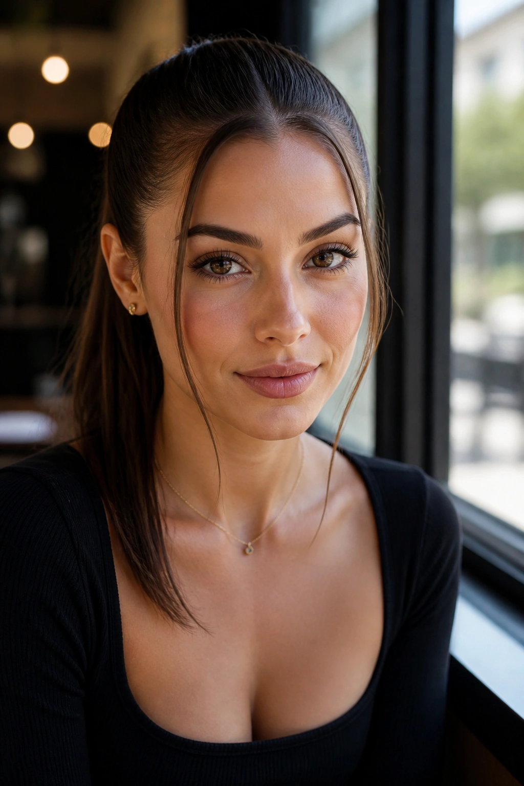 Front portrait of a woman with face-framing strands and a polished ponytail