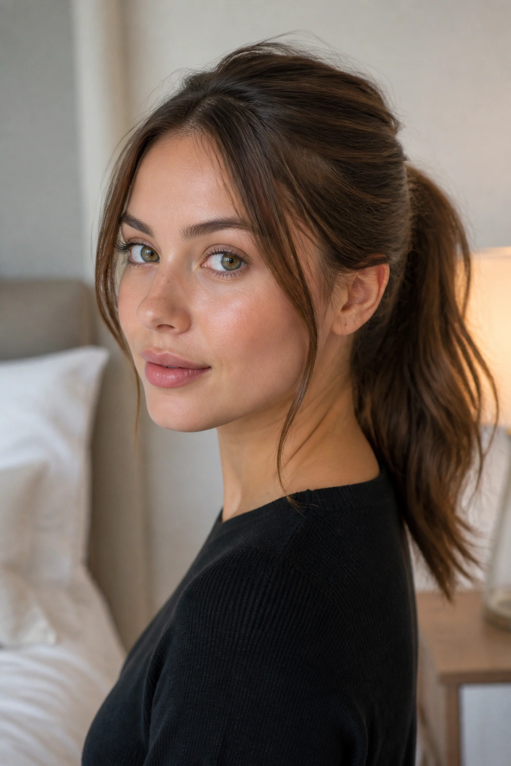 Close-up of a real woman with face-framing ponytail loose front pieces.