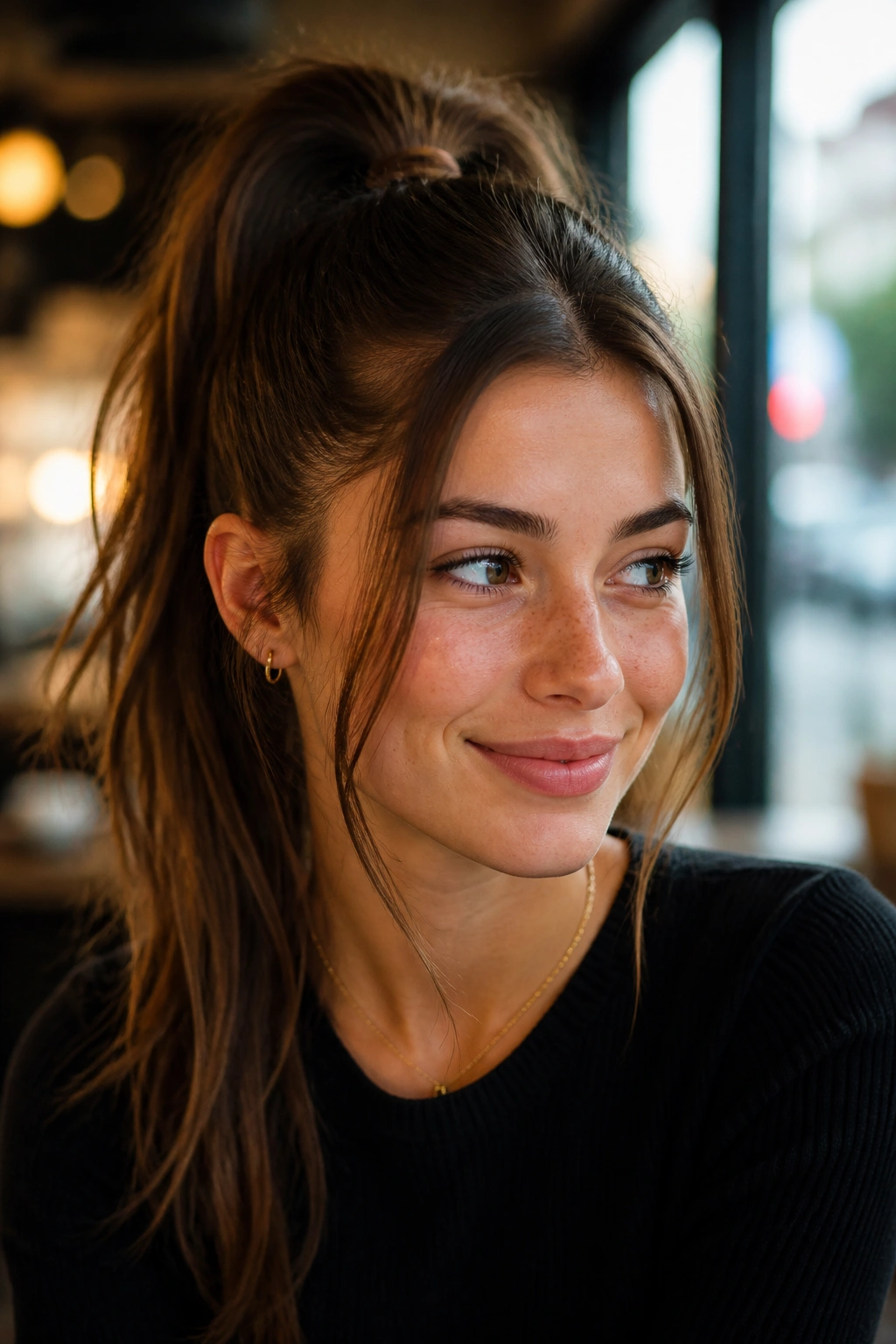 Close-up of a woman with a high ponytail and face-framing pieces in a cafe window setting