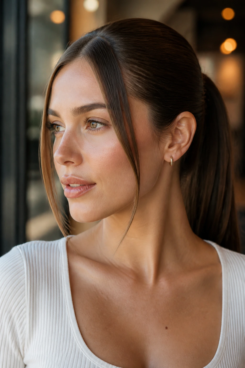 Close-up of a real woman with face-framing sleek ponytail and front pieces.