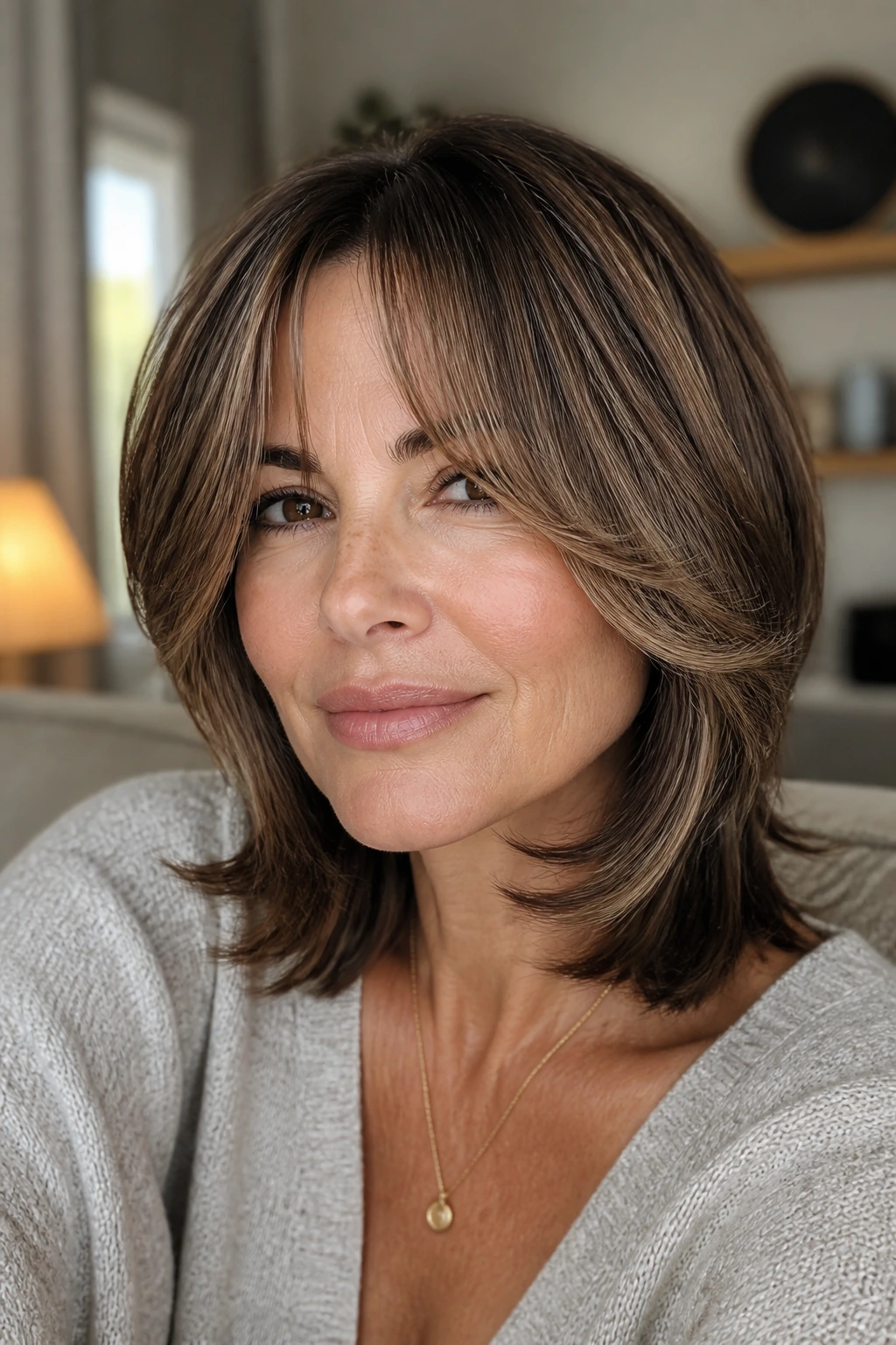 Close-up of a woman with face-framing razor cuts hairstyle.