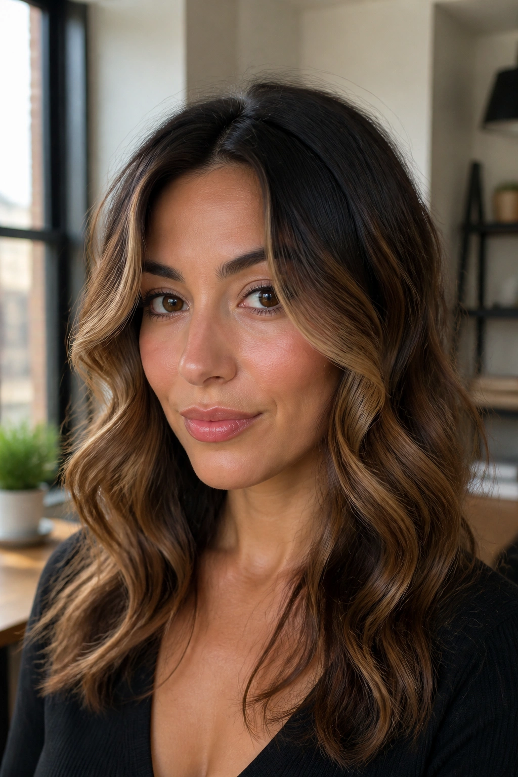 Close-up of a person with face-framing S-shaped waves around the face