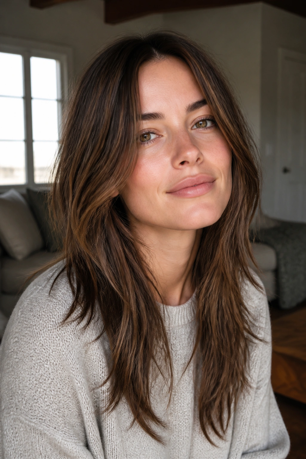 Close-up of a real woman with face-framing long shag and barely-there layers
