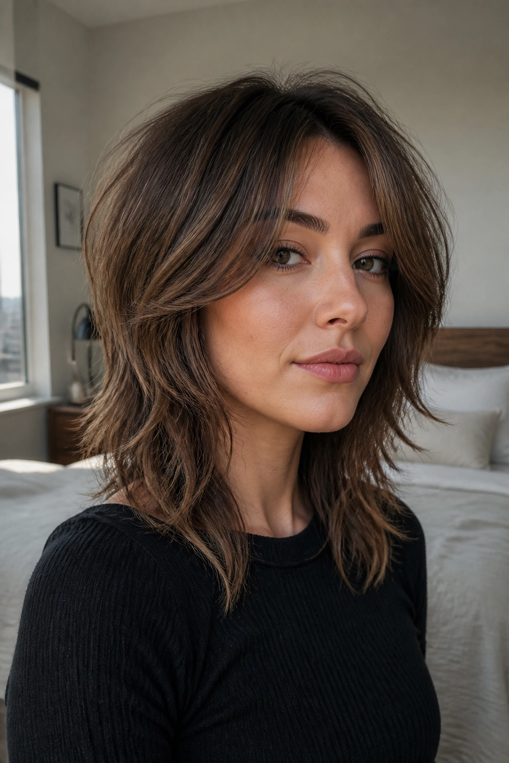 Portrait of a real woman with face-framing shag layers around cheeks and jaw.