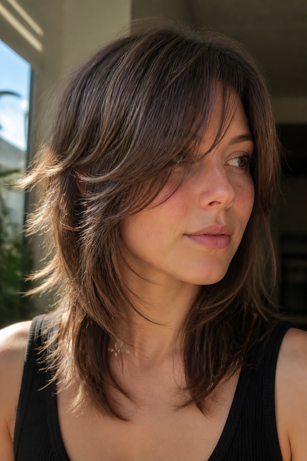Close-up portrait of a real person with long side bangs framing the face.