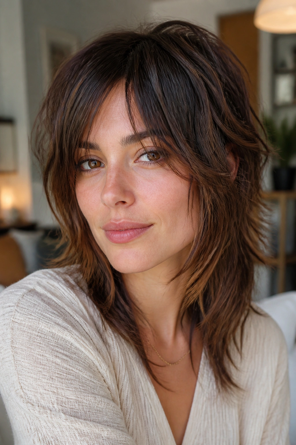 Close-up portrait of a real person with face-framing shag and long bangs