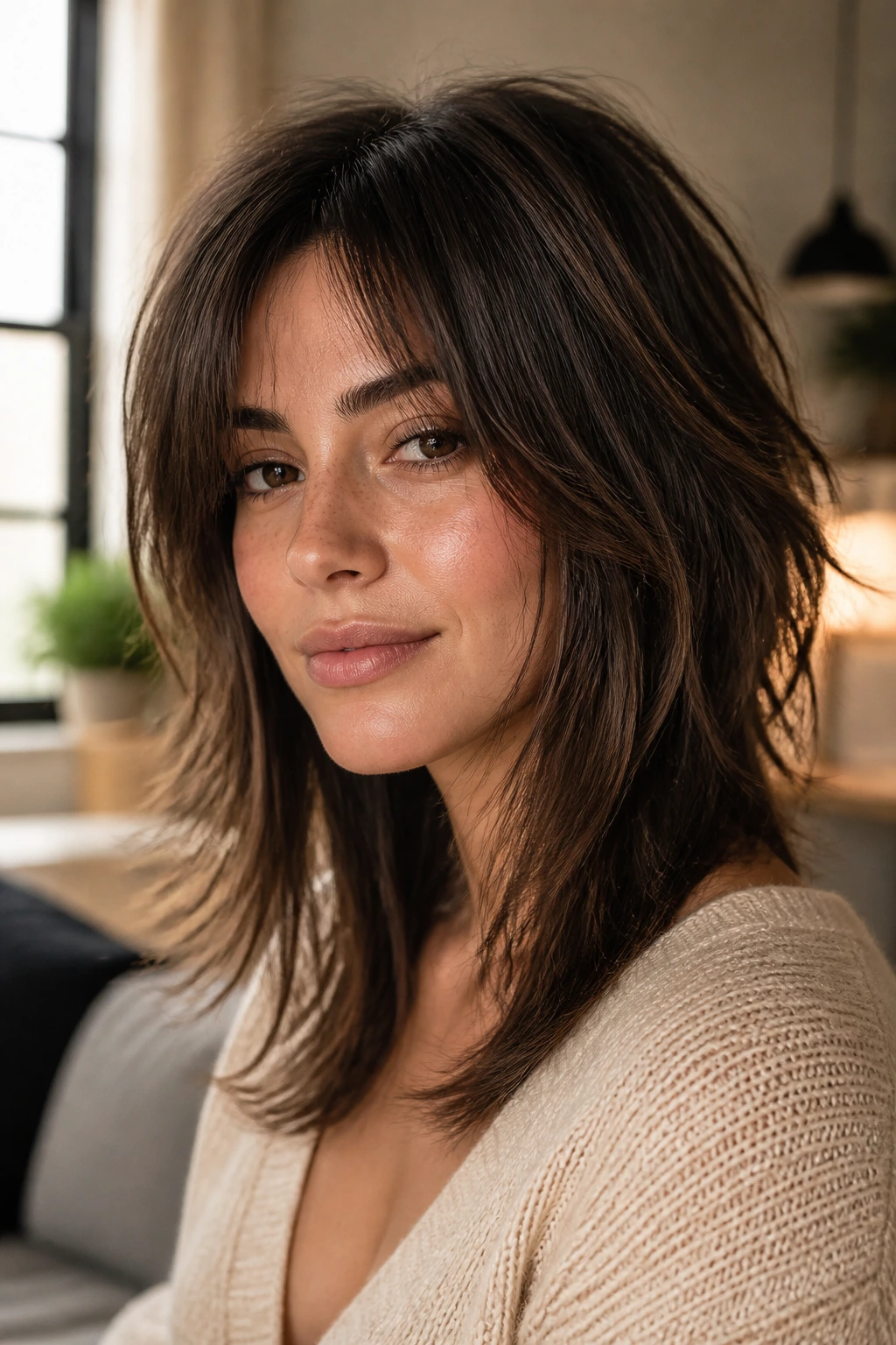 Close-up portrait of a real woman with face-framing shag and long front layers, soft window light.