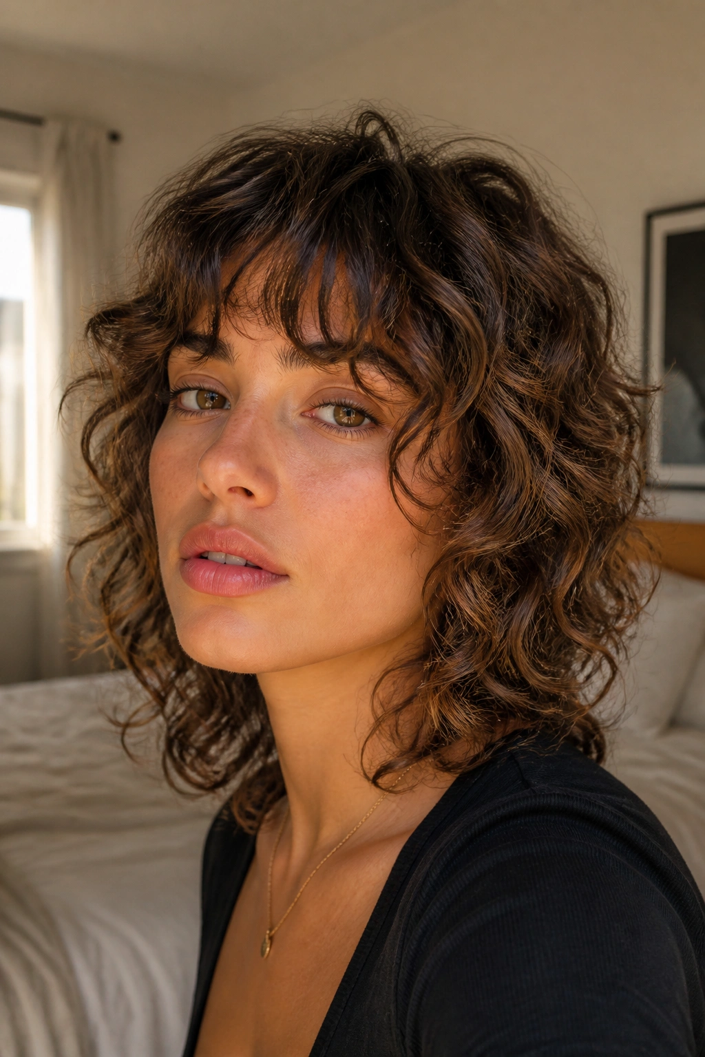 Close-up of a real woman with a face-framing shag highlighting cheekbones; soft curls around jawline, warm window light.