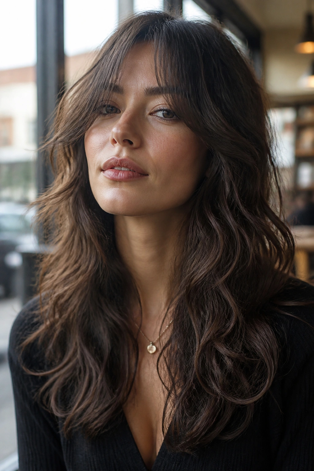 Portrait of woman with curtain bangs and face-framing shag perm
