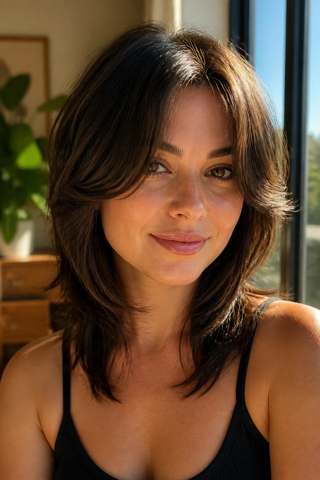Close-up of a real woman with face-framing shag for round faces