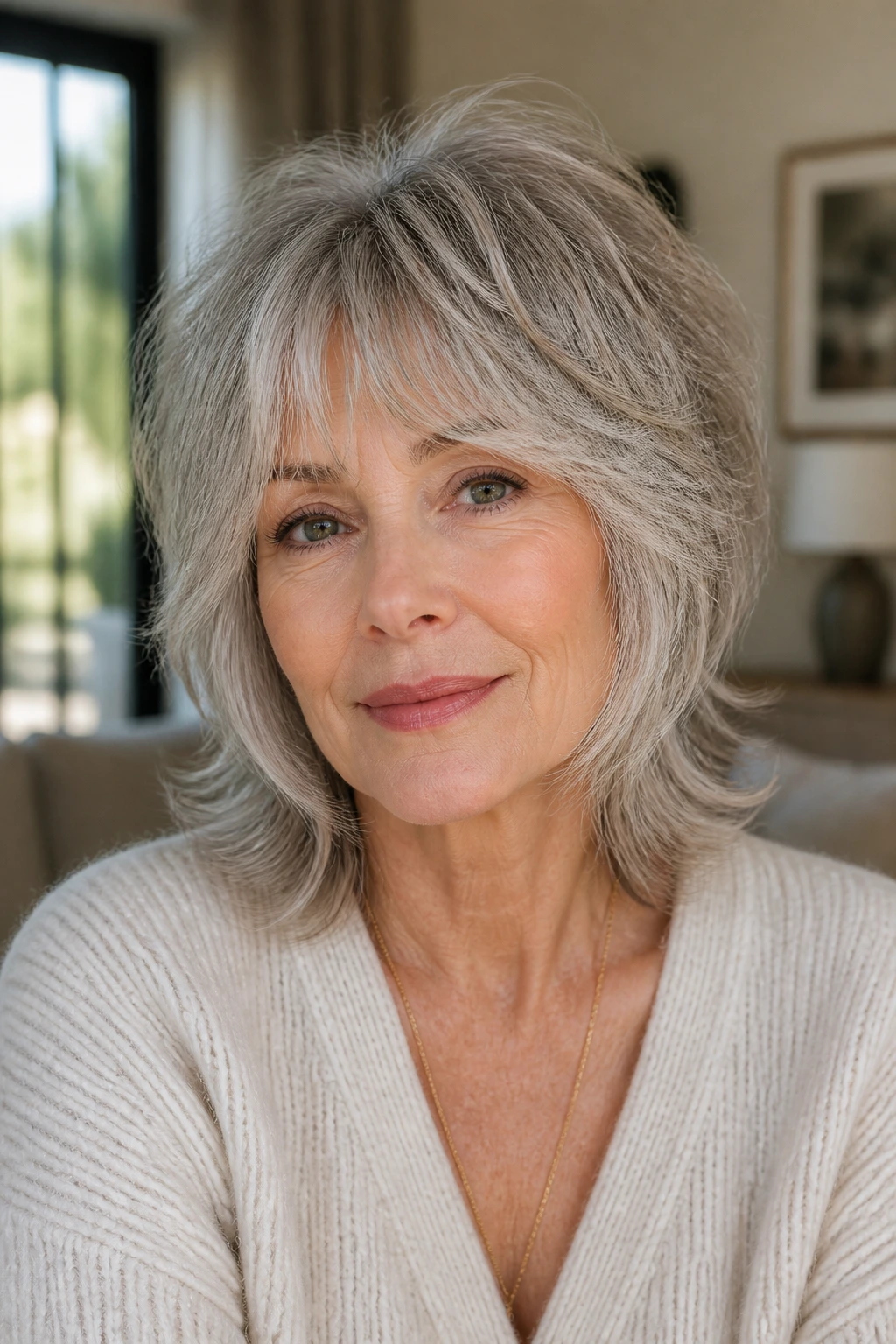 Close-up portrait of an older woman with a soft face-framing shag