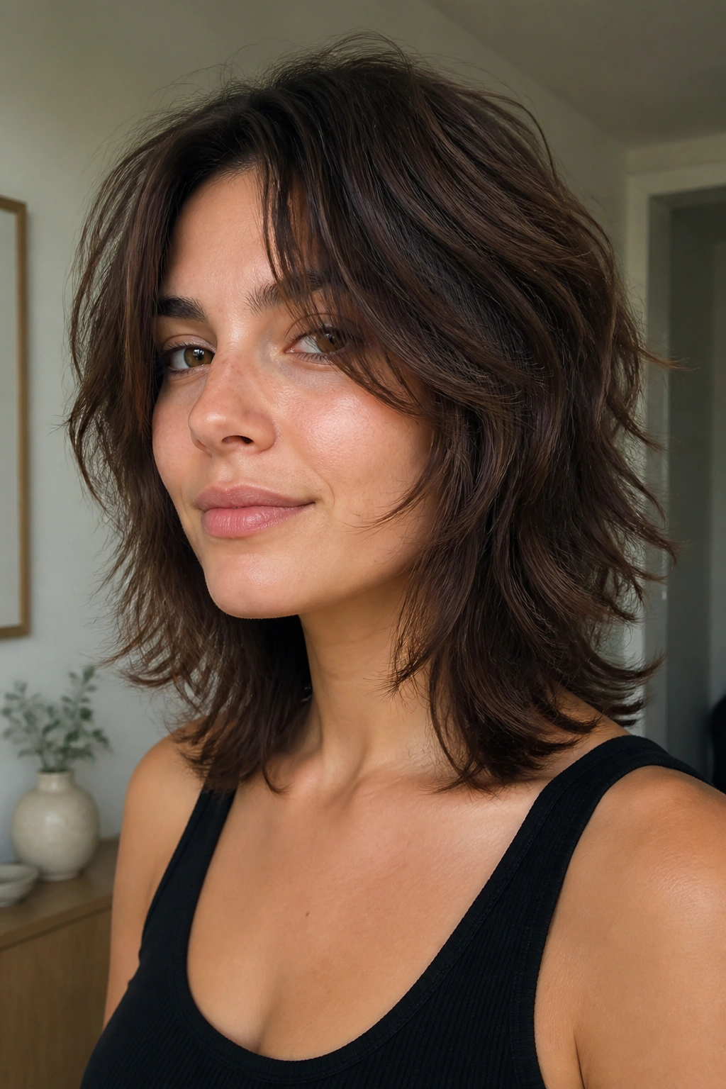 Real woman with face-framing shag highlighting jawline and cheeks.