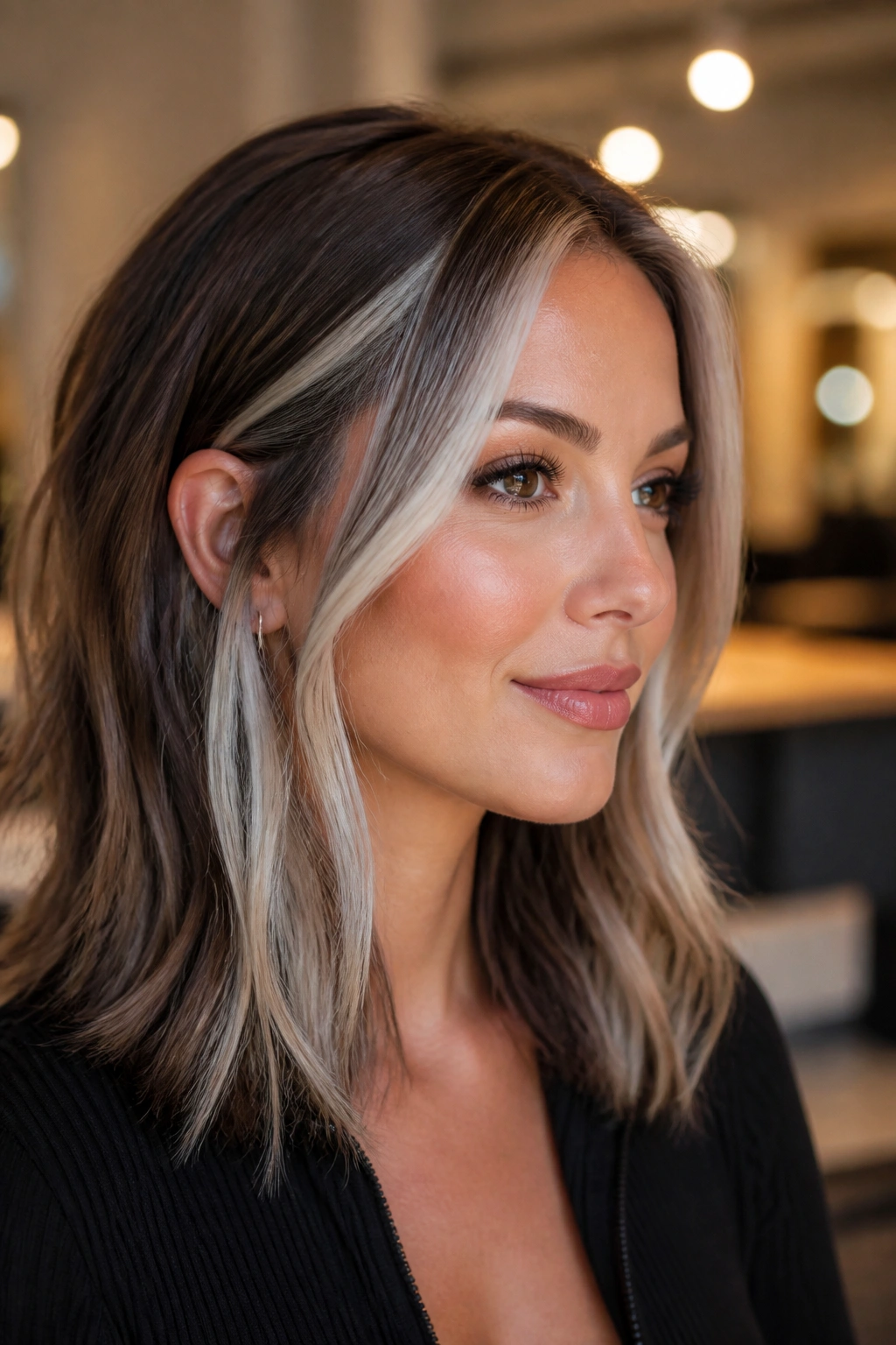Face-framing bright silver money pieces on a real person's hair with soft salon lighting.