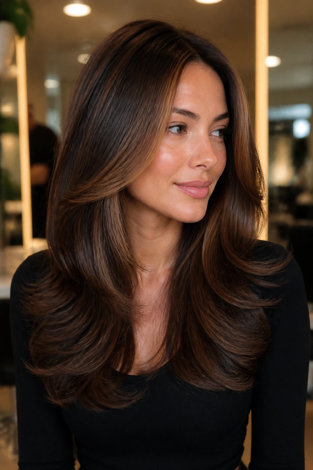 Portrait of a real woman with a blowout and subtle face-framing golden-brown streaks