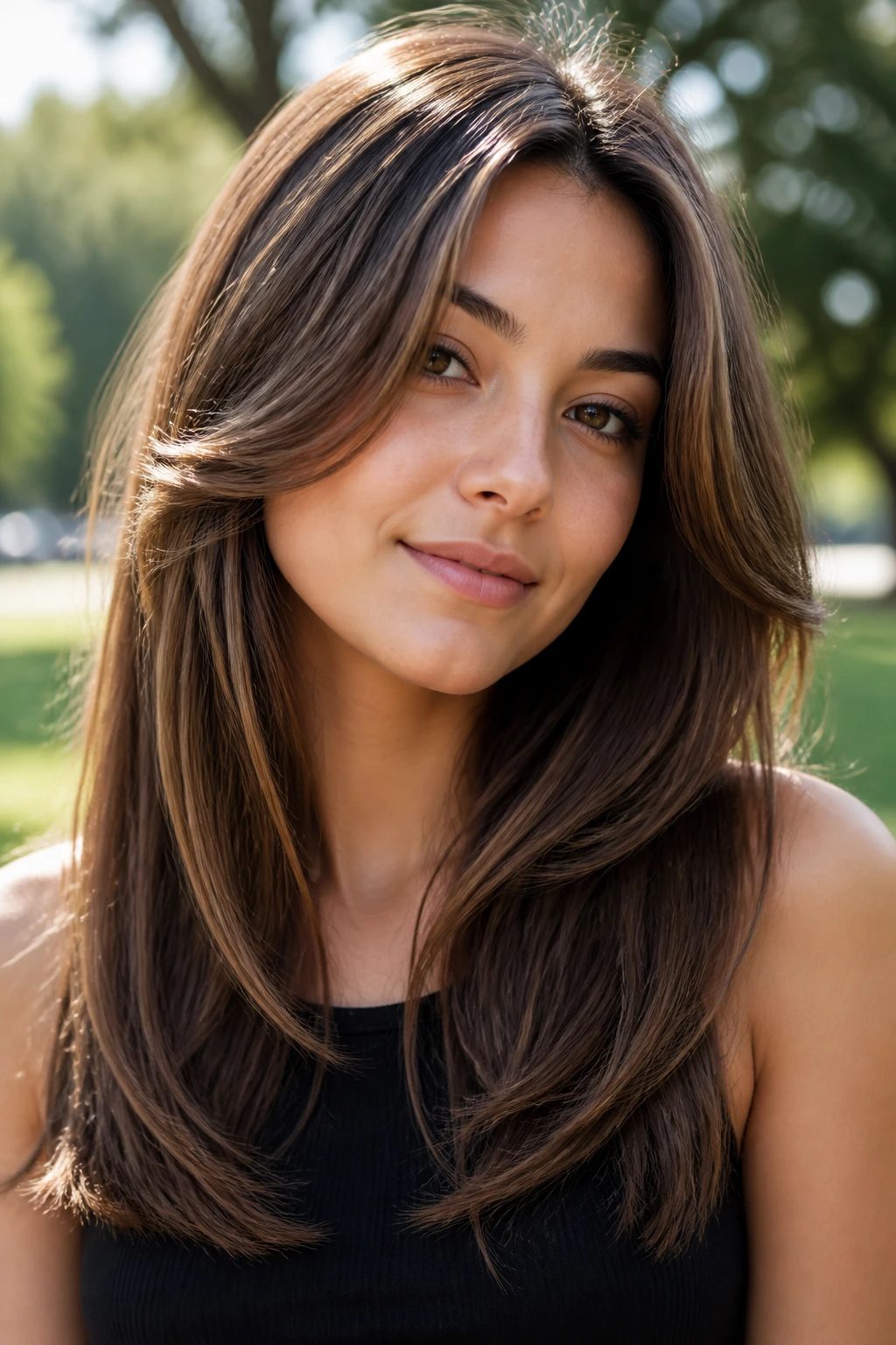 Close-up of a real woman with face-framing swoop layers curving around her face