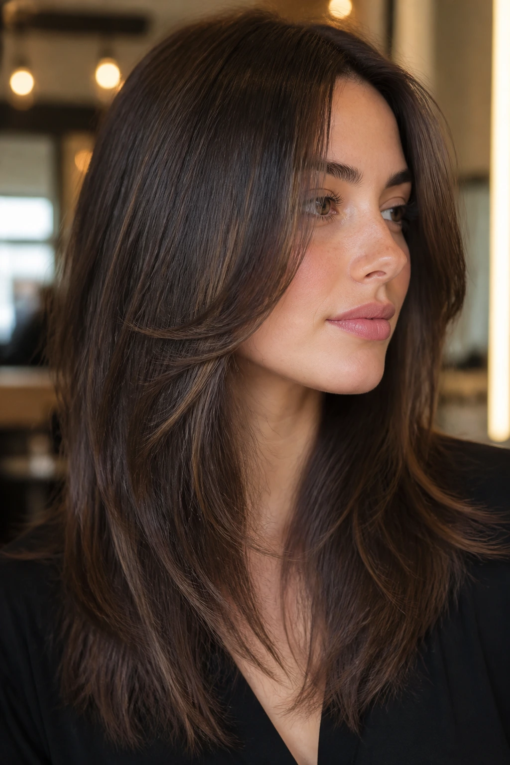 Close-up portrait of a real woman with a face-framing taper hairstyle and front taper