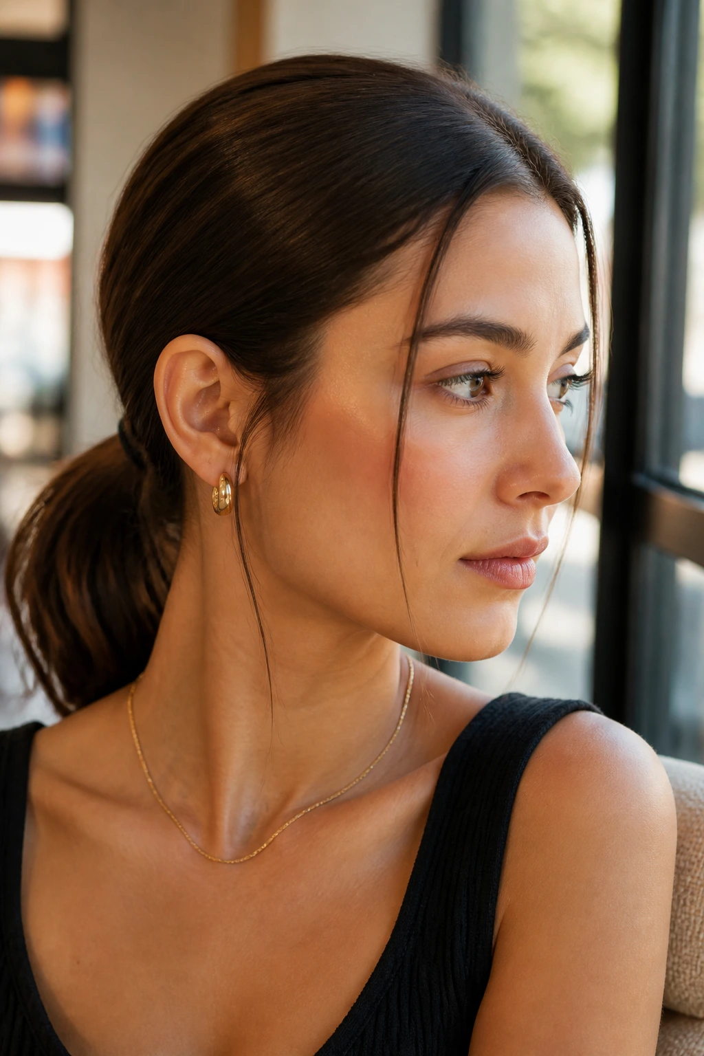 Portrait of a woman with face-framing tendrils and low ponytail
