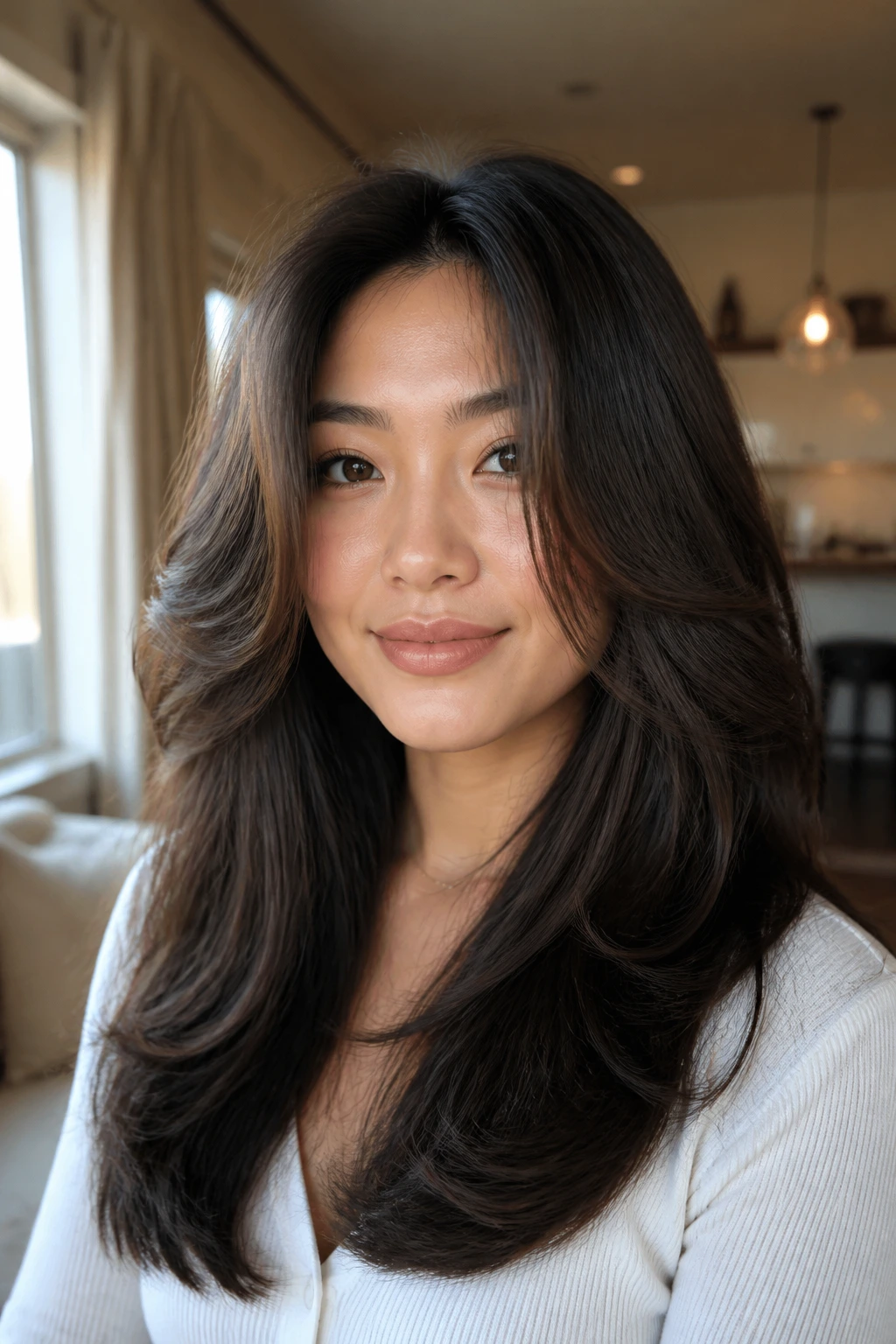 Portrait of a real woman with thick hair and face-framing long layers.