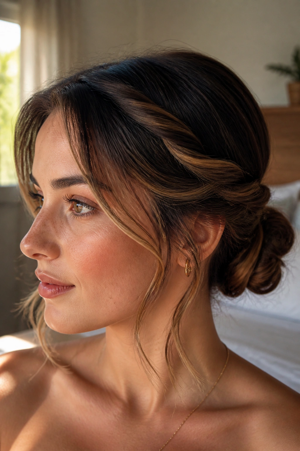 Close-up portrait of a real woman with a face-framing twist and a low half bun