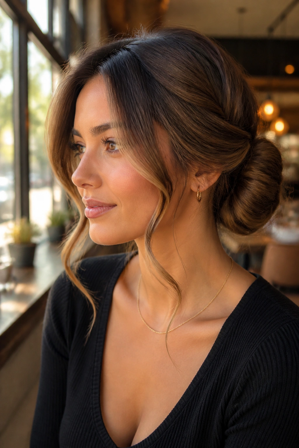 Close-up of a real woman with a face-framing twist bun and curtain pieces in a cafe setting