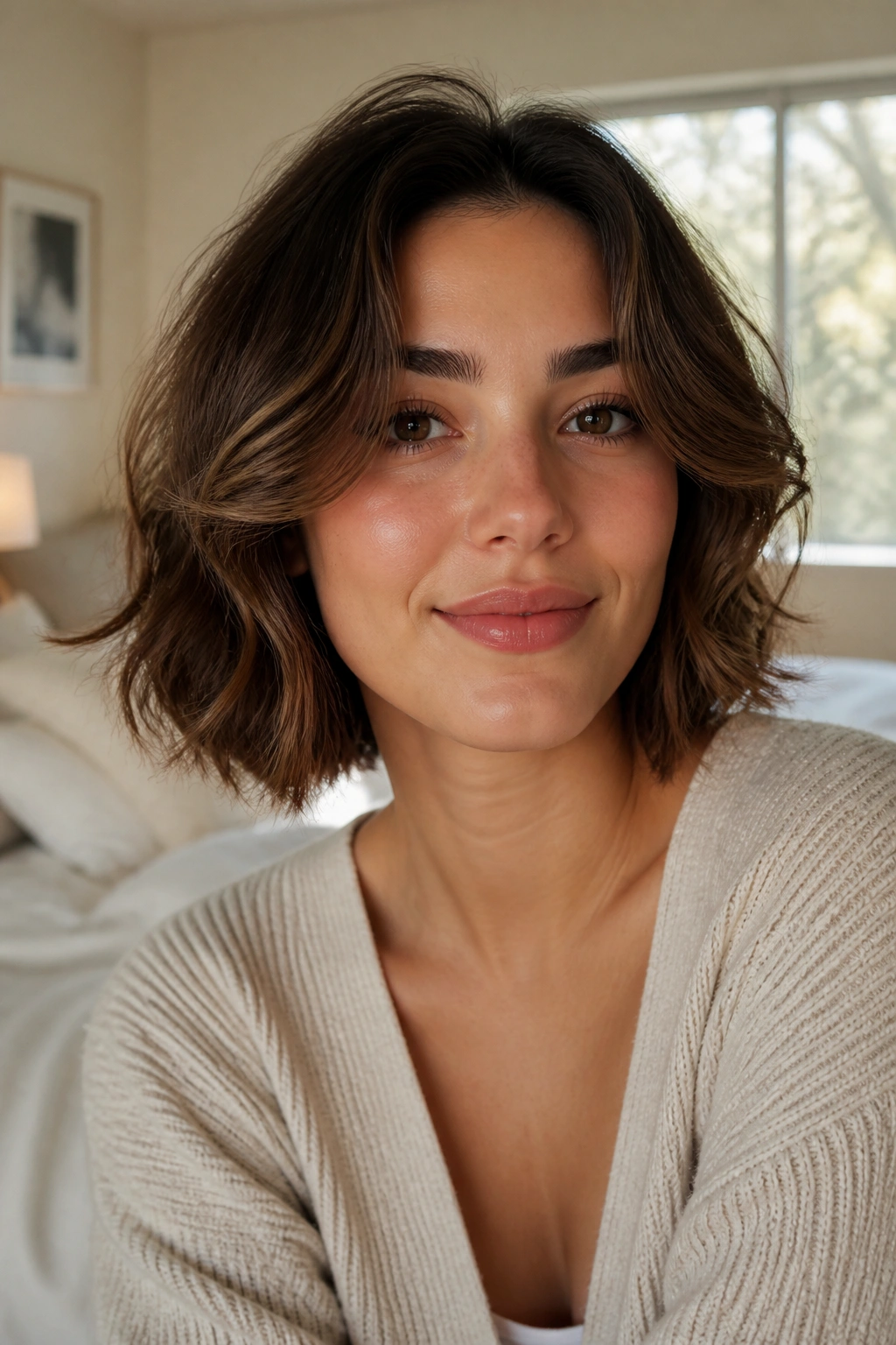 Close-up portrait of a real woman with face-framing wave flip hairstyle in soft window light